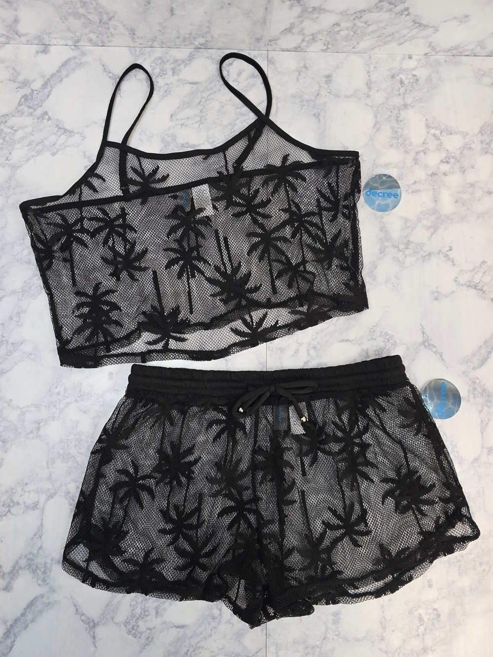 Decree Black Palm Mesh Swim Coverup Set Medium